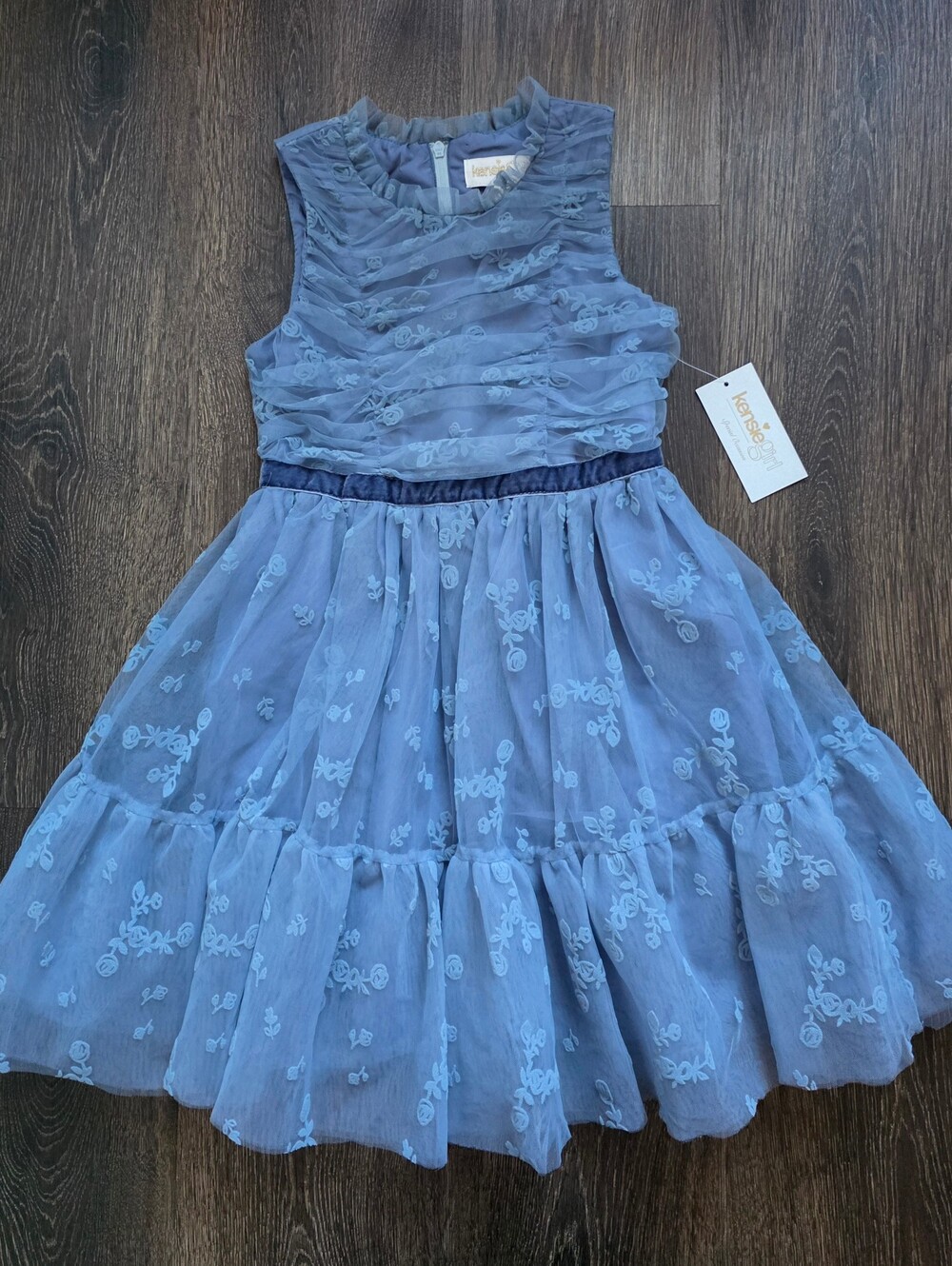 Kensie Girl dusty blue gathered lace special occasion dress